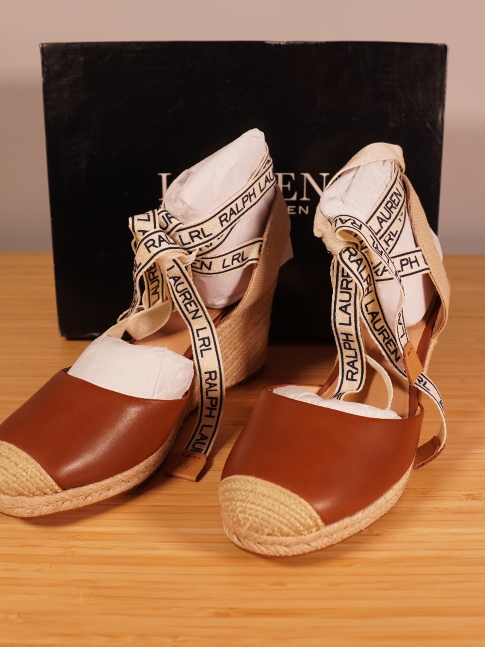 Lauren Ralph Lauren Paislee Leather Espadrille Wedge Silhouette Tan Size 10 B